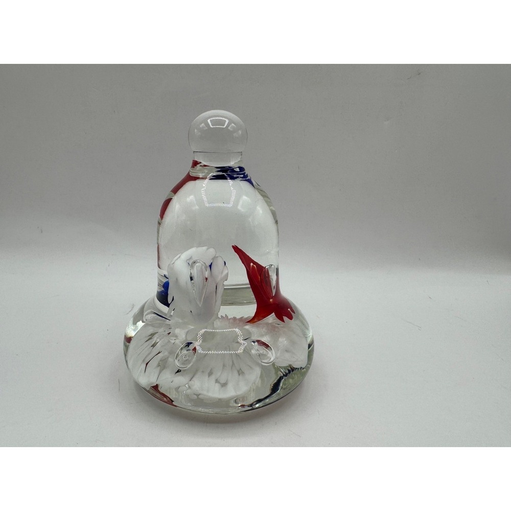 Joe St. Clair Art Glass Bell Paperweight 2002 Red White‎ Blue Floral Excellent